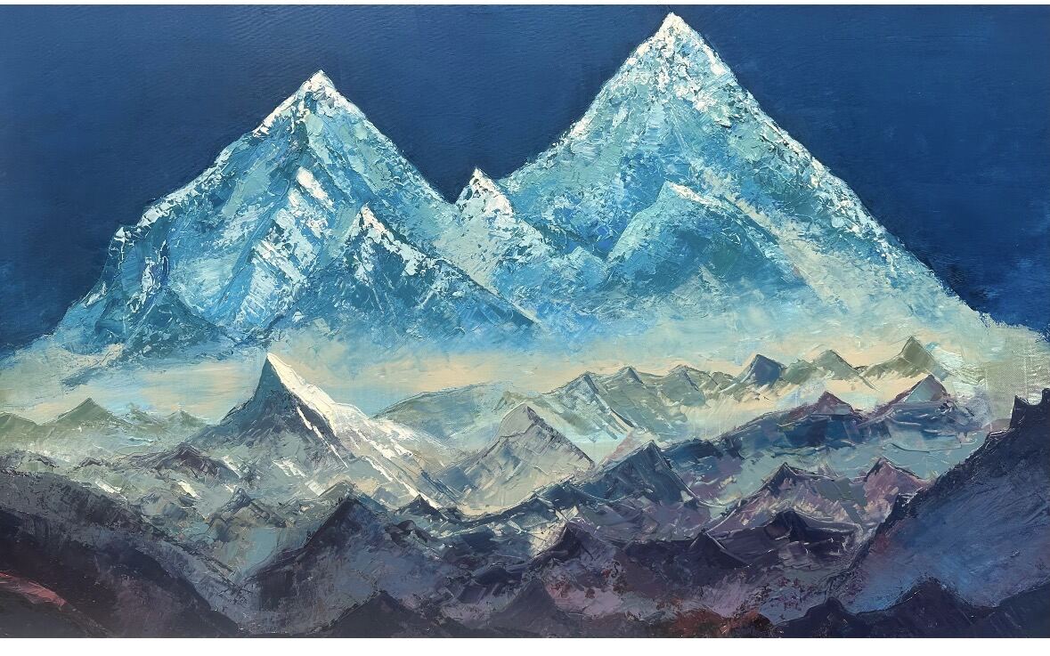 Oil painting of twin snow-capped peaks in blue light, by Ashwini Patil